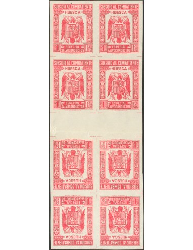 Guerra Civil. Locales. (*). 1940. 1 pts rosa carmín (sin dentar), bloque de ocho, con interpanel capicúa. HUESCA. MAGNIFICO Y