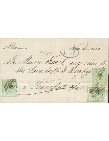 I República. Sobre 133(3). 1874. 10 cts verde, tres sellos. BARCELONA a FRANKFURT (ALEMANIA). Franqueo de 30 cts según tarifa