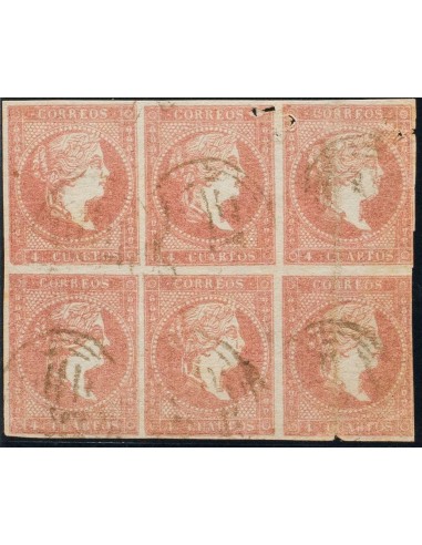 Aragón. Filatelia. º48(6). 1855. 4 cuartos rojo, bloque de seis (tres sellos defectitos sin importancia en una pieza de esta i