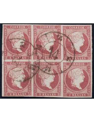 Castilla y León. Filatelia. º50(6). 1855. 2 reales violeta, bloque de seis (dos sellos leve adelgazamiento). Matasello R.CARRE