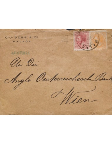 Andalucía. Historia Postal. Sobre 210, 202. 1885. 15 cts naranja y 10 cts carmín rosa. MALAGA a VIENA (AUSTRIA). Al dorso lleg