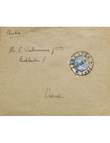 Alfonso XII. Sobre 215. 1896. 5 cts azul. Impreso de ZARAGOZA a VIENA (AUSTRIA). MAGNIFICA Y RARA.