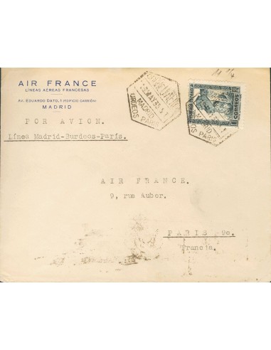 República Española Correo Aéreo. Sobre 673. 1935. 1 pts pizarra. Correo Aéreo de MADRID a PARIS (FRANCIA). Matasello CORREO AE