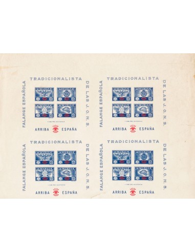 Guerra Civil. Locales. **/(*). 1937. Espectacular conjunto de hojas bloque de Sevilla de Falange, de los valores de 5 cts azul