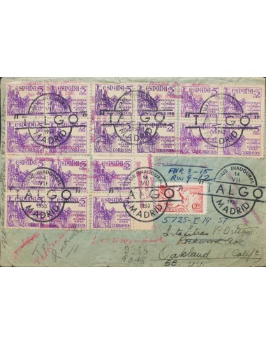 Matasello Especial. Sobre 1062(18), 952. 1950. 5 cts violeta, dieciocho sellos y 25 cts rosa. MADRID a OAKLAND (U.S.A.). Matas