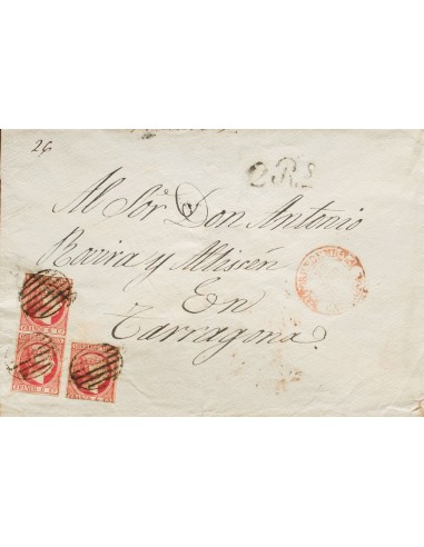 Cataluña. Historia Postal. Sobre 17(3). 1853. 6 cuartos rosa carmín, tres sellos. TORREDEMBARRA a TARRAGONA. En el frente baez