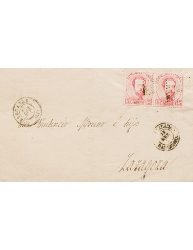 Cataluña. Historia Postal. Sobre 118(2). 1873. 5 cts rosa, dos sellos. IGUALADA a ZARAGOZA. MAGNIFICA Y RARA COMBINACION DE FR