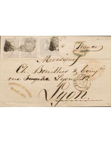 Cataluña. Historia Postal. Sobre 122(3). 1872. 12 cts lila gris, tres sellos. BARCELONA a LYON. Franqueada con la tarifa de 36