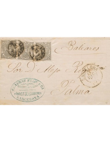 Cataluña. Historia Postal. Sobre 141(3). 1874. 5 cts negro, tres sellos. BARCELONA a PALMA DE MALLORCA. MAGNIFICA E INUSUAL CO