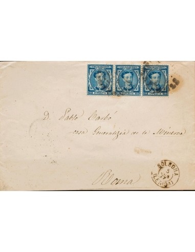 Cataluña. Historia Postal. Sobre 175(3). 1878. 10 cts azul, tira de tres. SOLSONA a ROMA (ITALIA). En el frente fechador SOLSO