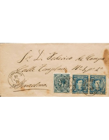 Cataluña. Historia Postal. Sobre 175(2), 183. 1876. 10 cts azul, dos sellos y 5 cts verde. CAMPRODON a BARCELONA. Matasello CA
