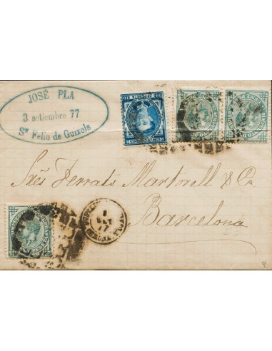 Cataluña. Historia Postal. Sobre 175, 183(3). 1877. 10 cts azul y 5 cts verde, tres sellos. SAN FELIU DE GUIXOLS a BARCELONA.