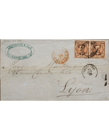 Cataluña. Historia Postal. Sobre 177(2). 1876. 25 cts castaño, dos sellos. BARCELONA a LYON (FRANCIA). Matasello BARCELONA / F