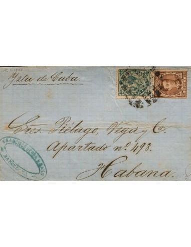 Cataluña. Historia Postal. Sobre 177, 183. 1877. 25 cts castaño y 5 cts verde. BARCELONA a LA HABANA (CUBA). MAGNIFICA. Ex-Tiz