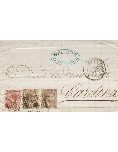 Cataluña. Historia Postal. Sobre 192(2), 188. 1878. 10 cts castaño, dos sellos y 15 cts carmín. BARCELONA a CARDONA. En el int