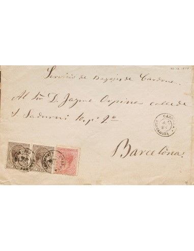 Cataluña. Historia Postal. Sobre 192(2), 188. 1878. 10 cts castaño, dos sellos y 15 cts carmín. CARDONA a BARCELONA. MAGNIFICA