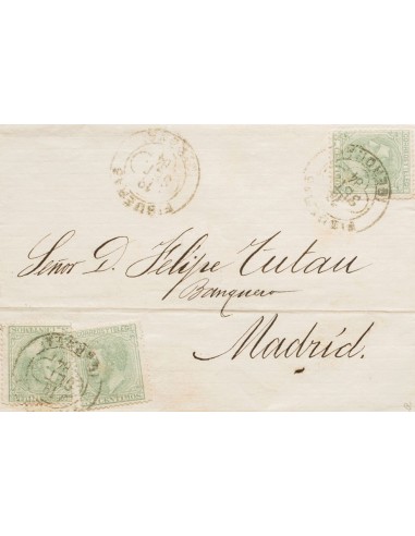 Cataluña. Historia Postal. Sobre 201(3). 1884. 5 cts verde, tres sellos. FIGUERAS a MADRID. Matasello trébol FIGUERAS / (GERON