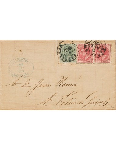 Cataluña. Historia Postal. Sobre 201, 202(2). 1880. 5 cts verde y 10 cts rosa carmín, dos sellos. BARCELONA a SAN FELIU DE GUI