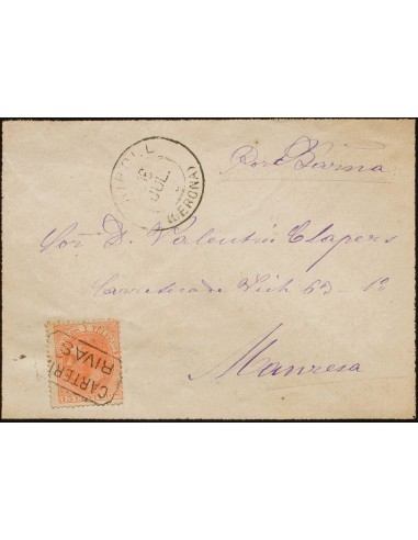 Cataluña. Historia Postal. Sobre 210. 1888. 15 cts naranja. RIBAS DE FRESSER (GERONA) a MANRESA. Matasello CARTERIA / RIVAS. M