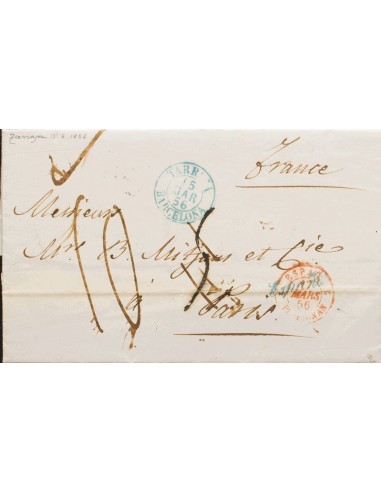 Cataluña. Historia Postal. Sobre . 1856. TARRASA a PARIS. En el frente fechador TARRASA / BARCELONA (Tipo I), en azul y porteo