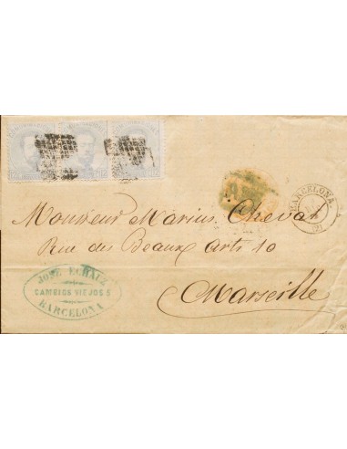 Cataluña. Historia Postal. Sobre 122(3). 1872. 12 cts lila gris, tira de tres. BARCELONA a MARSELLA (FRANCIA). Franqueo de 36