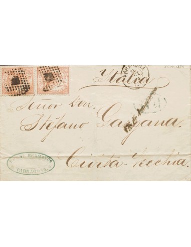 Cataluña. Historia Postal. Sobre 147(2). 1874. 25 cts castaño, dos sellos. TARRAGONA a CIVITA VECCHIA (ITALIA). En el frente m