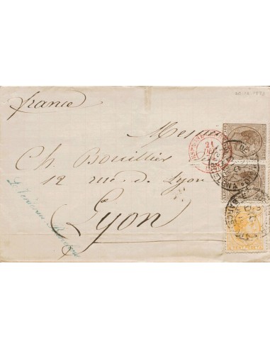 Cataluña. Historia Postal. Sobre 191, 192(2). 1878. 5 cts amarillo (doblez de archivo) y 10 cts castaño, pareja. BARCELONA a L