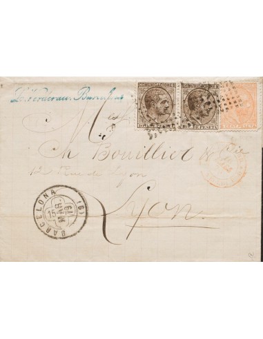 Cataluña. Historia Postal. Sobre 191, 192(2). 1879. 5 cts naranja y 10 cts castaño, dos sellos. BARCELONA a LYON (FRANCIA). MA