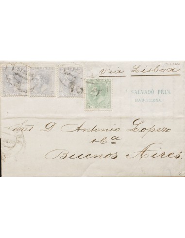 Cataluña. Historia Postal. Sobre 201, 204(3). 1885. 5 cts verde y 25 cts gris azul, tres sellos. BARCELONA a BUENOS AIRES (ARG