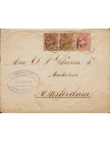 Cataluña. Historia Postal. Sobre 202, 203(2). 1886. 10 cts rosa y 20 cts castaño, dos sellos. BARCELONA a AMSTERDAM (HOLANADA)