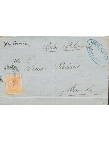 Cataluña. Historia Postal. Sobre 206. 1883. 50 cts amarillo naranja. BARCELONA a MANILA (FILIPINAS). MAGNIFICA Y RARA. Ex-Tizó