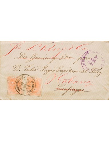 Cataluña. Historia Postal. Sobre 210(2). 1882. 15 cts naranja, dos sellos. EL MASNOU (BARCELONA) a CIENFUEGOS (CUBA), y reexpe
