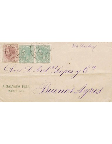Cataluña. Historia Postal. Sobre 211, 201(2). 1882. 30 cts lila y 5 cts verde, pareja. BARCELONA a BUENOS AIRES (ARGENTINA). M