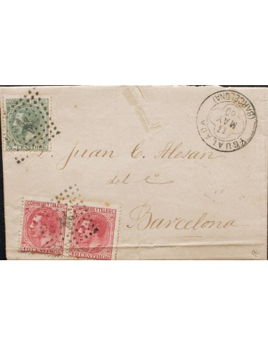 Cataluña. Historia Postal. Sobre 201, 202(2). 1880. 5 cts verde y 10 cts rosa, dos sellos. IGUALADA a BARCELONA. MAGNIFICA E I