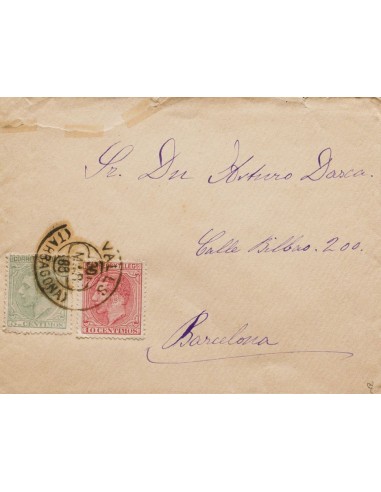 Cataluña. Historia Postal. Sobre 201, 202. 1888. 5 cts verde y 10 cts rosa carmín. VALLS a BARCELONA. Matasello trébol VALLS /