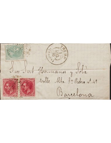 Cataluña. Historia Postal. Sobre 201, 202(2). 1880. 5 cts verde y 10 cts rosa, dos sellos. POBLA DE SEGUR a BARCELONA. En el f
