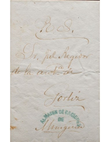 Correo Carlista. Sobre . 1875. Real Servicio de MUNGUIA (VIZCAYA) a GORLIZ. Marca ALMACEN DE RACIONES / DE "MUNGUIA", en azul