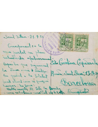 Andorra. Sobre 30(2). 1936. 10 cts verde amarillo, dos sellos. Tarjeta Postal de SANT JULIA (ANDORRA) a BARCELONA. Matasello C