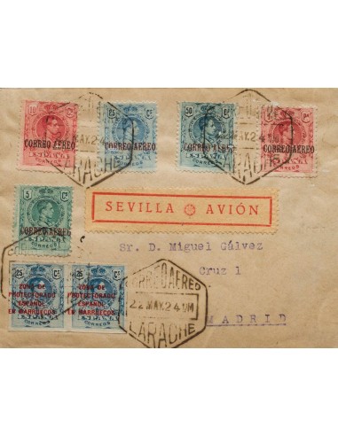 Marruecos. Sobre 62s(2), 292/96. 1924. 25 cts azul SIN DENTAR, pareja y serie completa de Correo Aéreo de España. Correo Aéreo