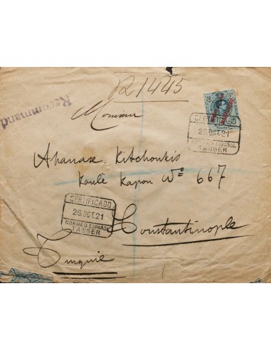 Tánger. Sobre 8. 1921. 50 cts verde azul. Certificado de TANGER a CONSTANTINOPLA (TURQUIA). Al dorso tránsito por MADRID y lle