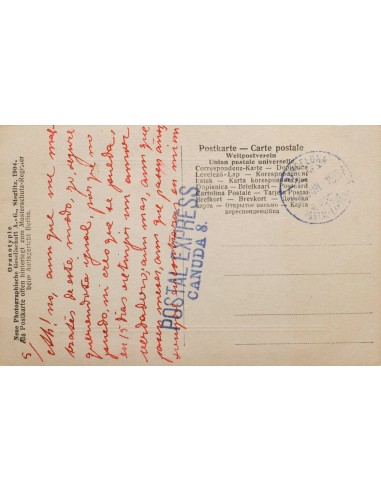 Correo Urgente. Sobre . 1907. Tarjeta Postal Interior de BARCELONA. Marca POSTAL EXPRESS / CANUDA, 8, en azul y fechador BARCE