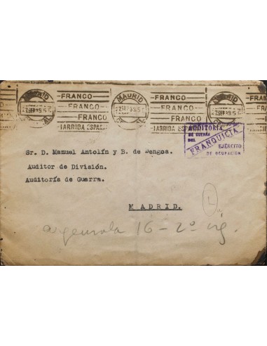 Guerra Civil. Bando Nacional. Sobre . 1939. Correo Interior de MADRID. Marca de franquicia AUDITORIA / DE GUERRA / DEL / EJERC