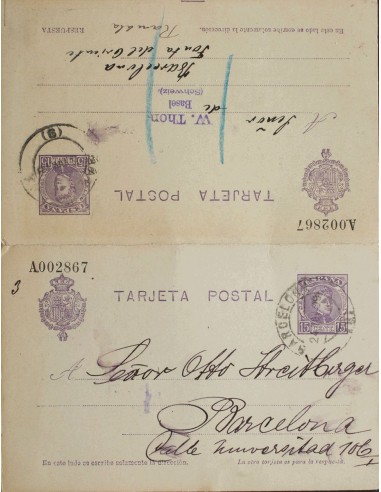 Entero Postal. Sobre EP46. 1909. 15 cts + 15 cts violeta sobre Tarjeta Entero Postal la ida Correo Interior de BARCELONA y la