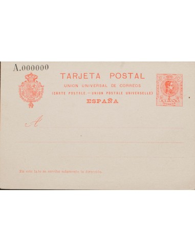 Entero Postal. (*)EP53N. 1910. 10 cts naranja sobre Tarjeta Entero Postal. NºA000000. MAGNIFICA. (Láiz 2006, 100 Euros)