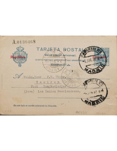 Entero Postal. Sobre EP63. 1932. 25 cts azul sobre Tarjeta Entero Postal de MADRID a MONGKOJAJAR (INDIA HOLANDESA). En el fren