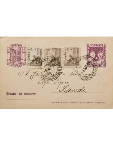 Entero Postal. Sobre EP81, 816(3). 1938. 15 cts violeta sobre Tarjeta Entero Postal de SAN SEBASTIAN a LAREDO, con franqueo co