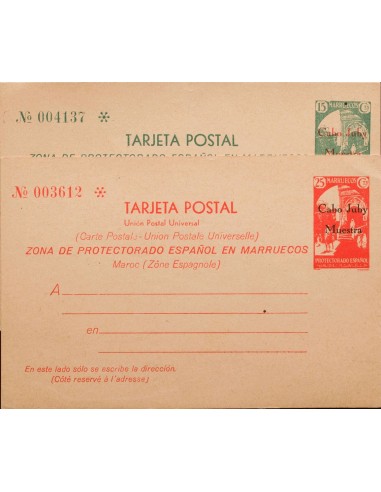 Cabo Juby. Entero Postal. (*)EP1/2M. 1933. 15 cts verde y 25 cts rojo sobre Tarjetas Entero Postales. MUESTRA. MAGNIFICAS Y MU
