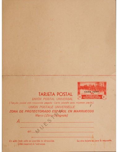 Cabo Juby. Entero Postal. (*)EP4M. 1935. 30 cts + 30 cts rojo sobre Tarjeta Entero Postal, de ida y vuelta. MUESTRA. MAGNIFICA