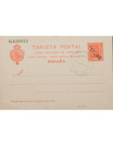 Marruecos. Entero Postal. ºEP3. 1908. 10 cts rojo sobre Tarjeta Entero Postal. Matasello TETUAN / MARRUECOS. MAGNIFICA Y RARA.