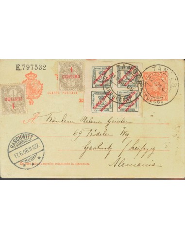 Tánger. Sobre 1. 1908. 10 cts naranja sobre Tarjeta Entero Postal de España circulada desde TANGER a GASCHWITZ (ALEMANIA), con